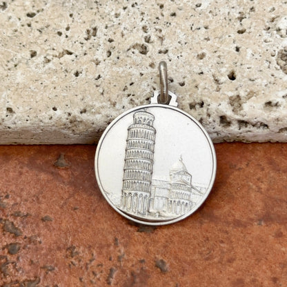 Sterling Silver Antiqued Leaning Tower of Pisa Medal Pendant 25mm