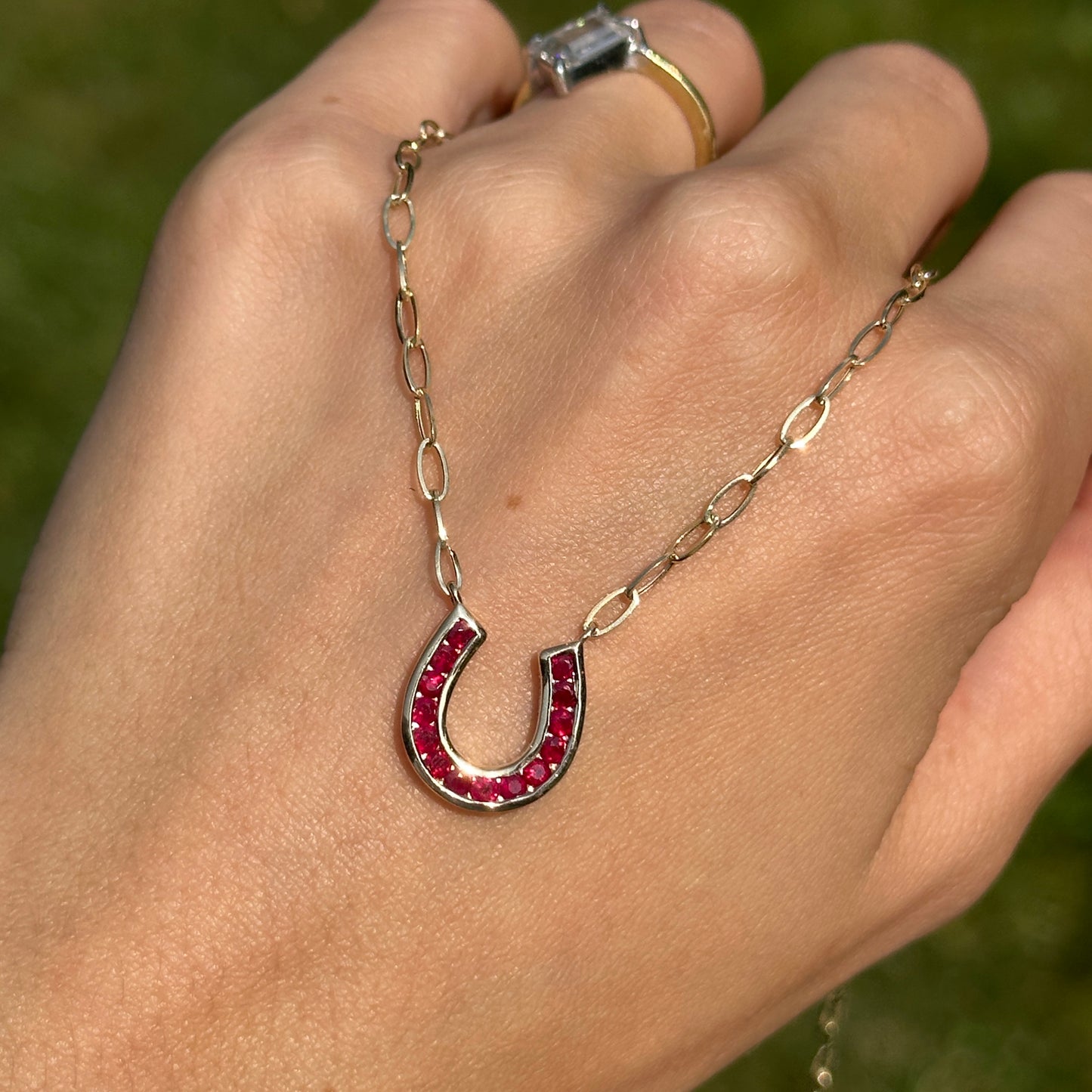 14KT Yellow Gold 14mm Ruby Horseshoe Necklace - LSJ