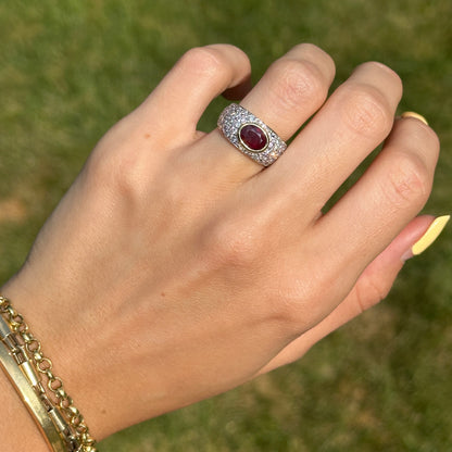 Estate 18KT Yellow Gold Oval ruby + Diamond Dome Ring