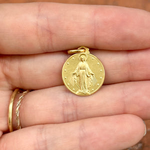 14KT Yellow Gold Matte Miraculous Mary Medal Round Medal Pendant 16mm