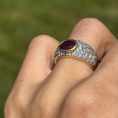 Estate 18KT Yellow Gold Oval ruby + Diamond Dome Ring