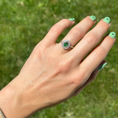 Estate 10KT Yellow Gold Oval Emerald + Diamond Double Halo Ring