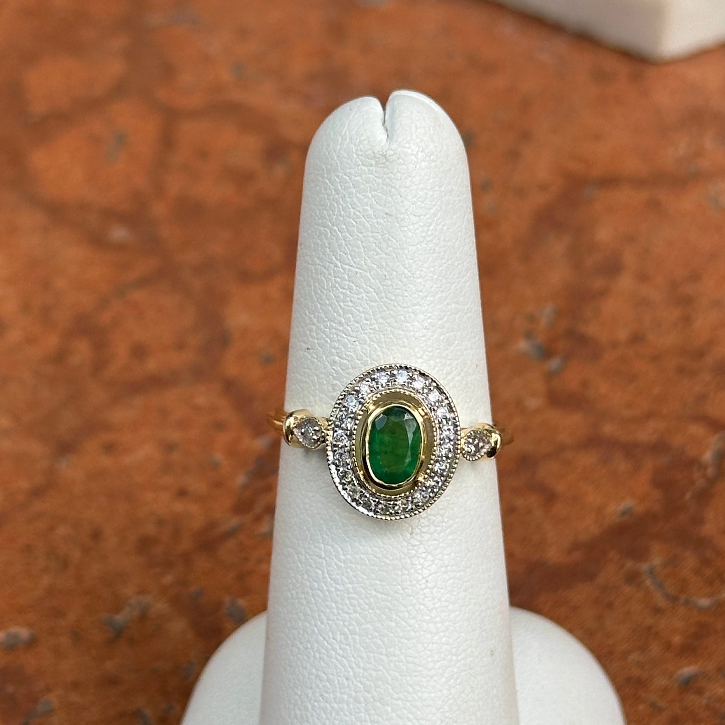 Estate 10KT Yellow Gold Oval Emerald + Diamond Double Halo Ring