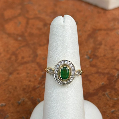 Estate 10KT Yellow Gold Oval Emerald + Diamond Double Halo Ring
