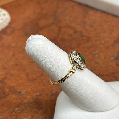 Estate 10KT Yellow Gold Oval Emerald + Diamond Double Halo Ring