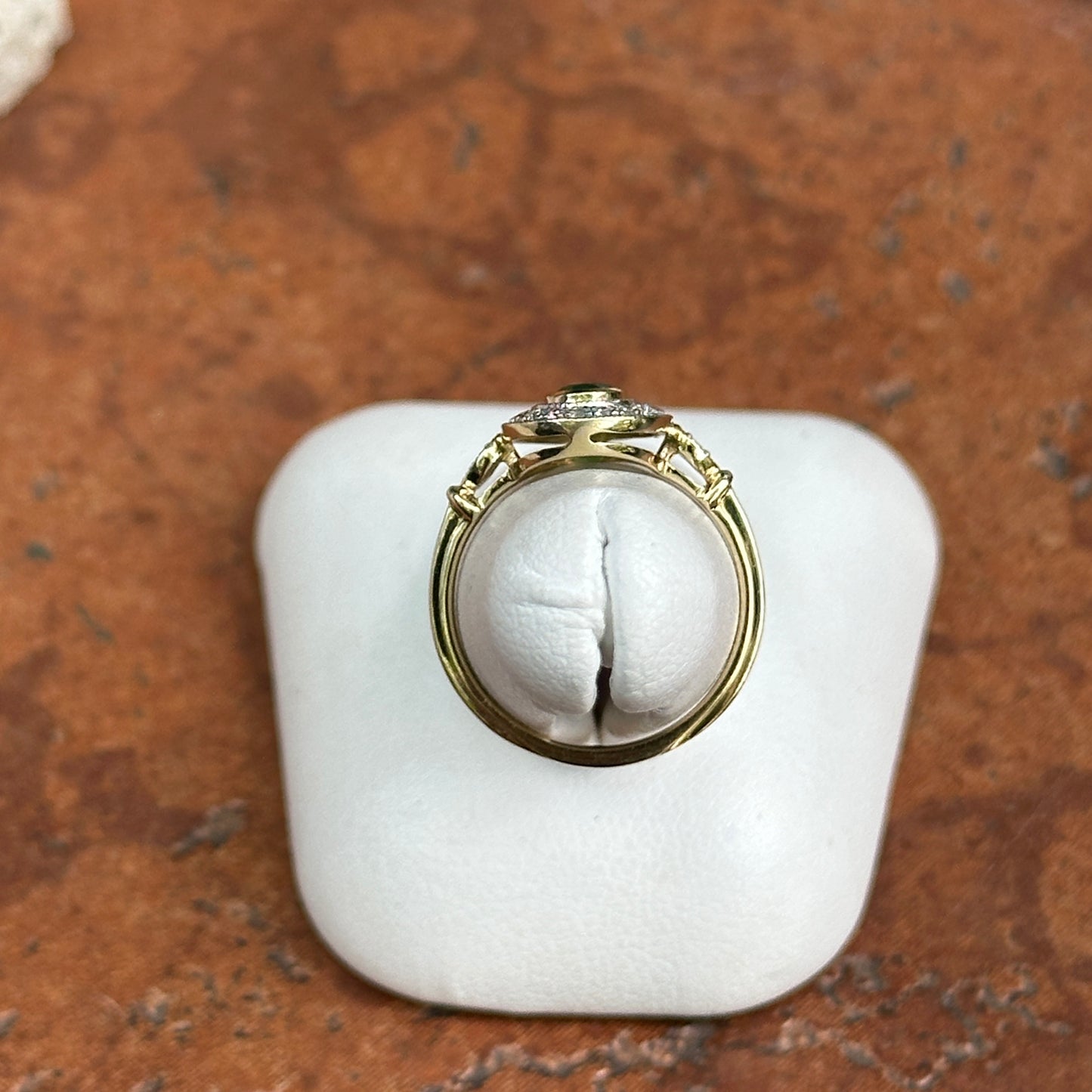 Estate 10KT Yellow Gold Oval Emerald + Diamond Double Halo Ring