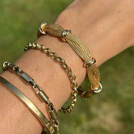 Estate 18KT Yellow Gold Mesh Twist Bracelet + Tri-Gold Rings - LSJ