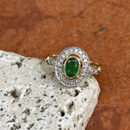 Estate 10KT Yellow Gold Oval Emerald + Diamond Double Halo Ring