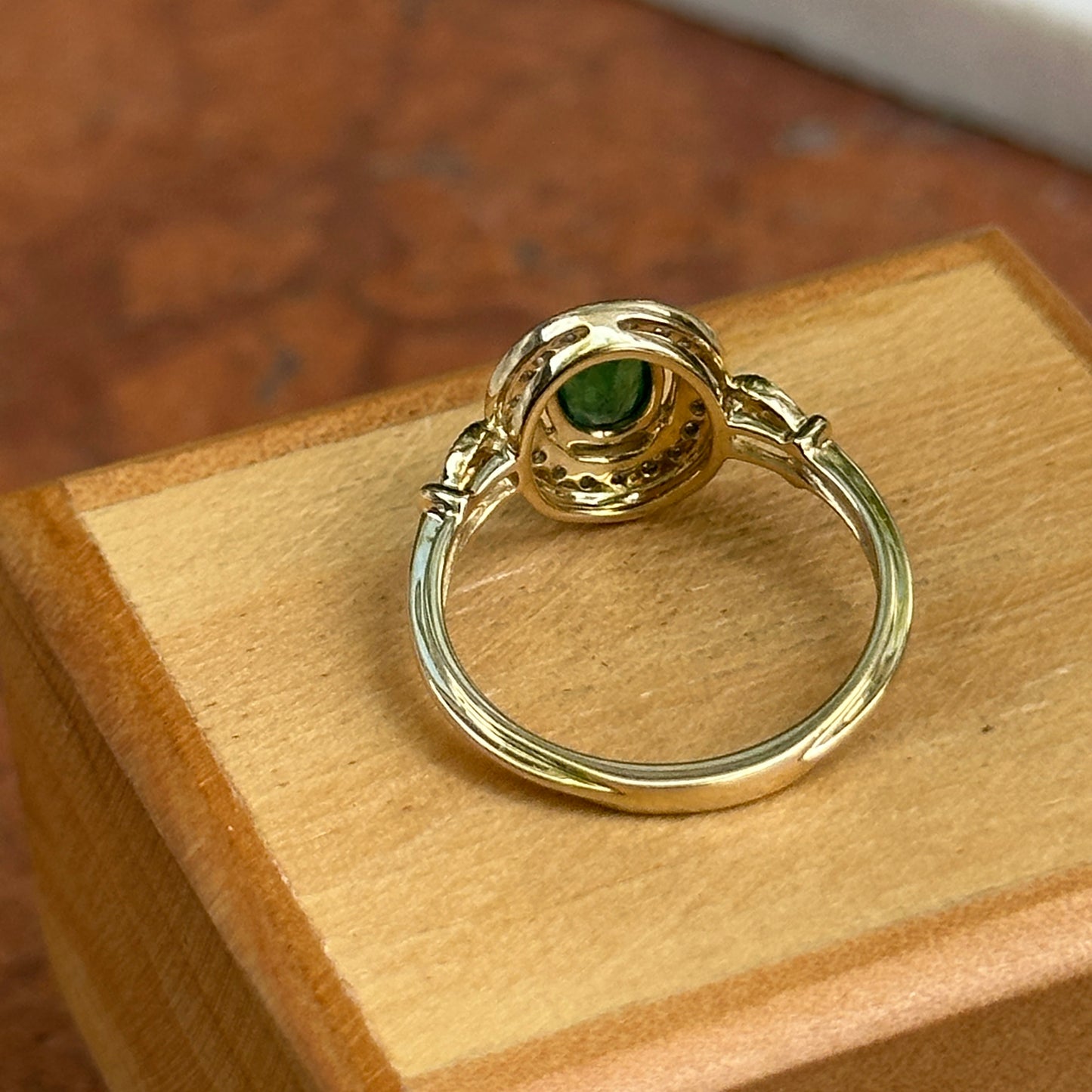 Estate 10KT Yellow Gold Oval Emerald + Diamond Double Halo Ring