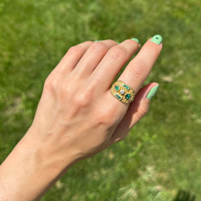 Estate Byzantine 18KT Yellow Gold Colombian Square Pear Emeralds + Diamond Ring