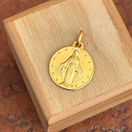 14KT Yellow Gold Matte Miraculous Mary Medal Round Pendant 18mm