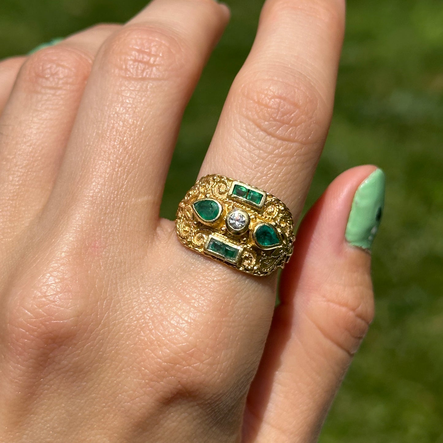 Estate Byzantine 18KT Yellow Gold Colombian Square Pear Emeralds + Diamond Ring