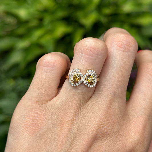 14K Yellow Gold Round Yellow + White Diamond Ring Size 6