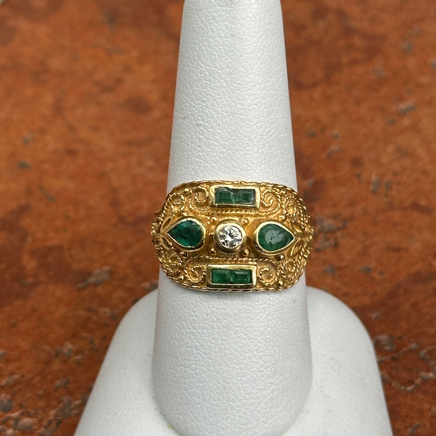 Estate Byzantine 18KT Yellow Gold Colombian Square Pear Emeralds + Diamond Ring