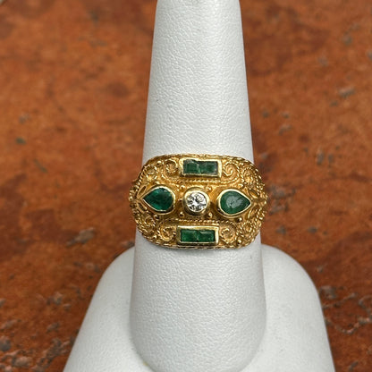 Estate Byzantine 18KT Yellow Gold Colombian Square Pear Emeralds + Diamond Ring