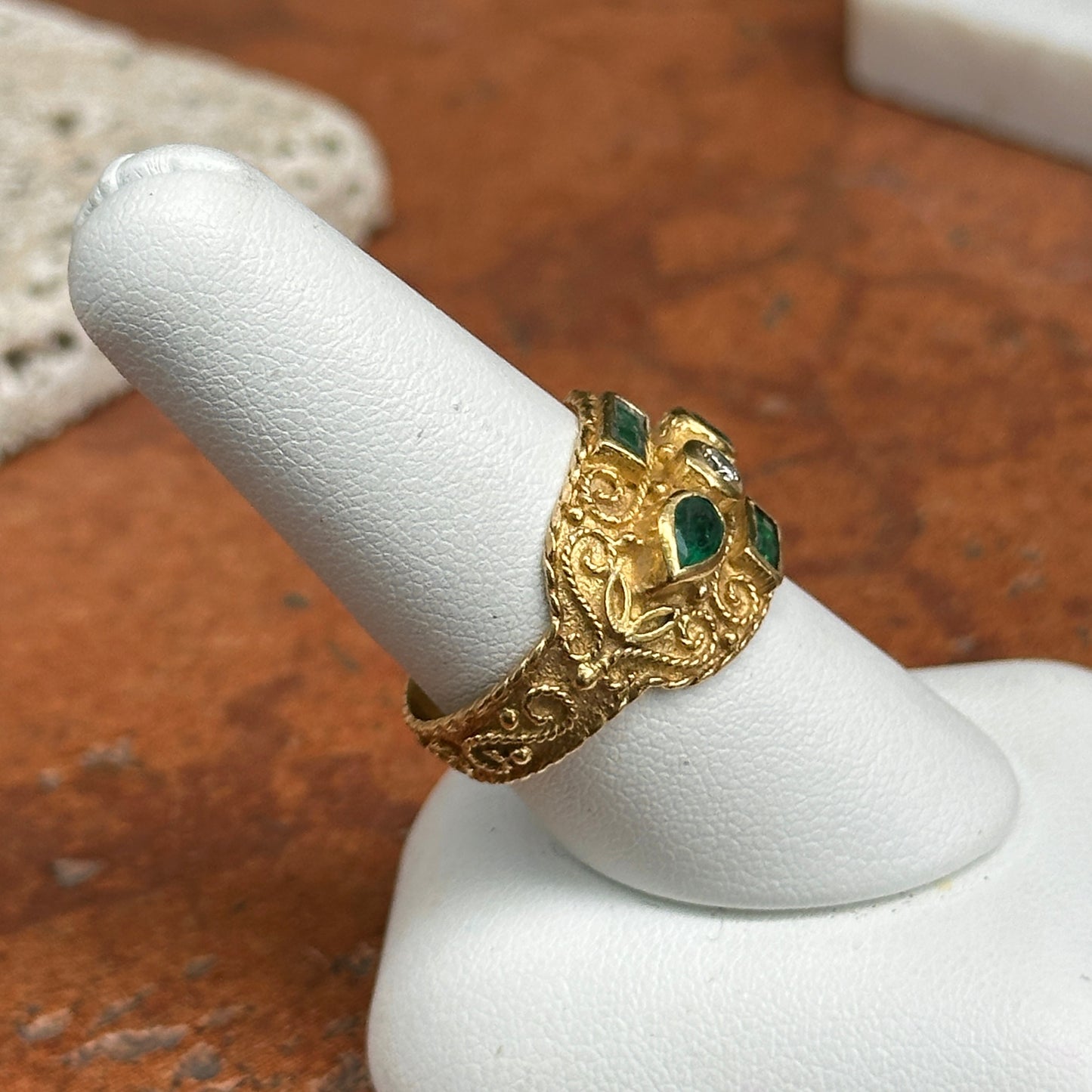 Estate Byzantine 18KT Yellow Gold Colombian Square Pear Emeralds + Diamond Ring