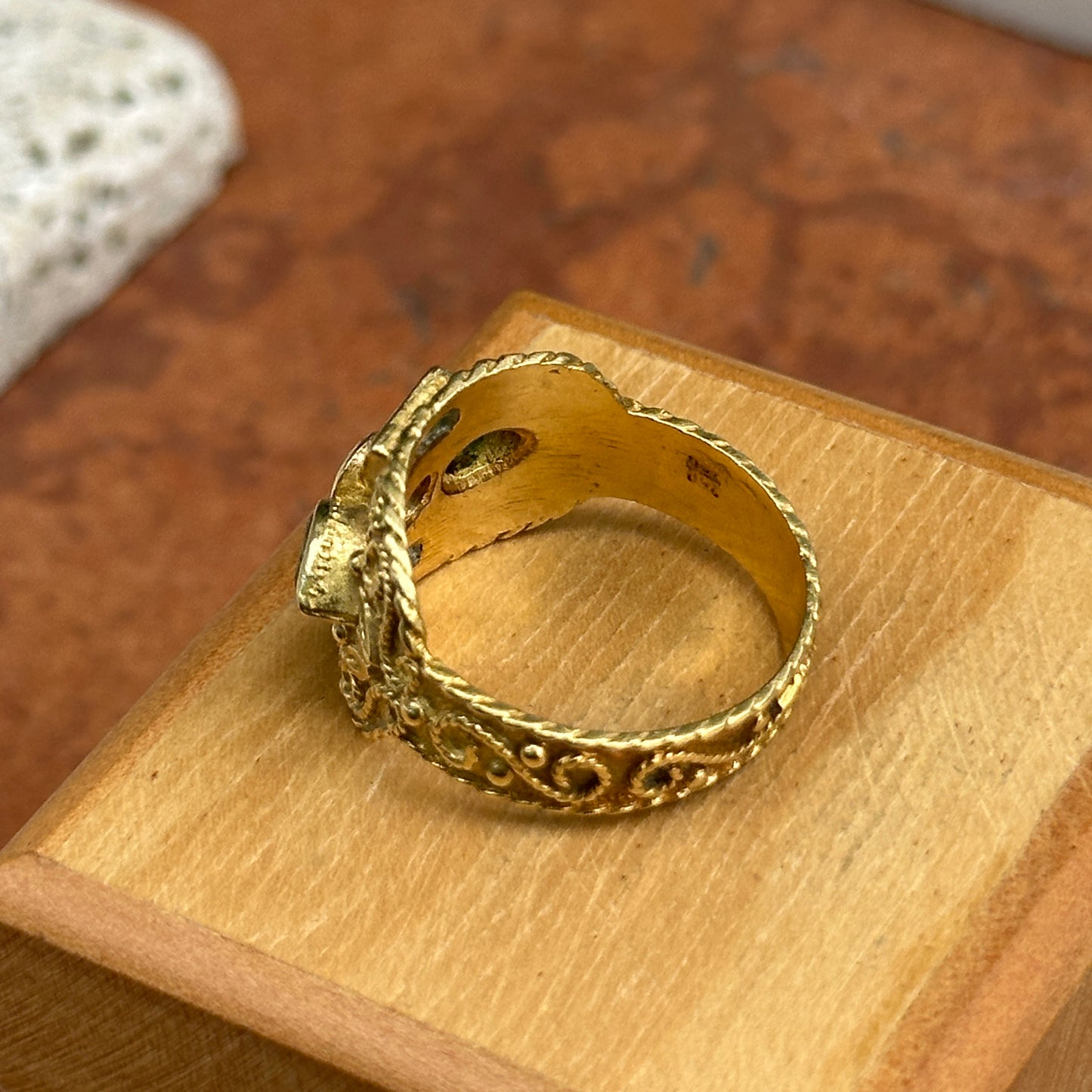 Estate Byzantine 18KT Yellow Gold Colombian Square Pear Emeralds + Diamond Ring