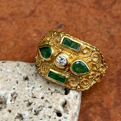 Estate Byzantine 18KT Yellow Gold Colombian Square Pear Emeralds + Diamond Ring