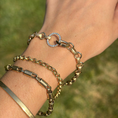 Estate 14KT Yellow Gold Matte Oval Link Diamond Clasp Bracelet