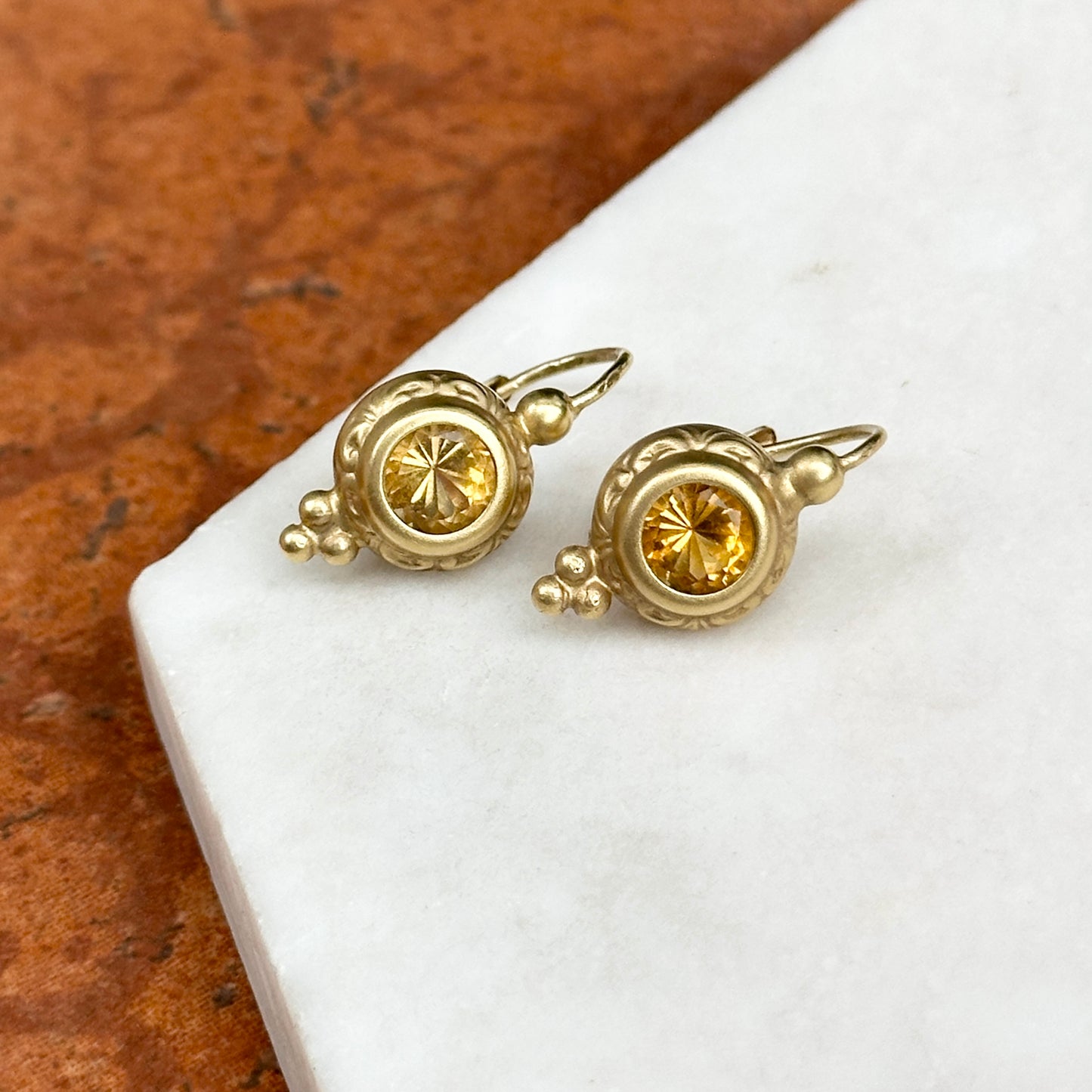 14KT Yellow Gold Round Citrine Lever Back Earrings