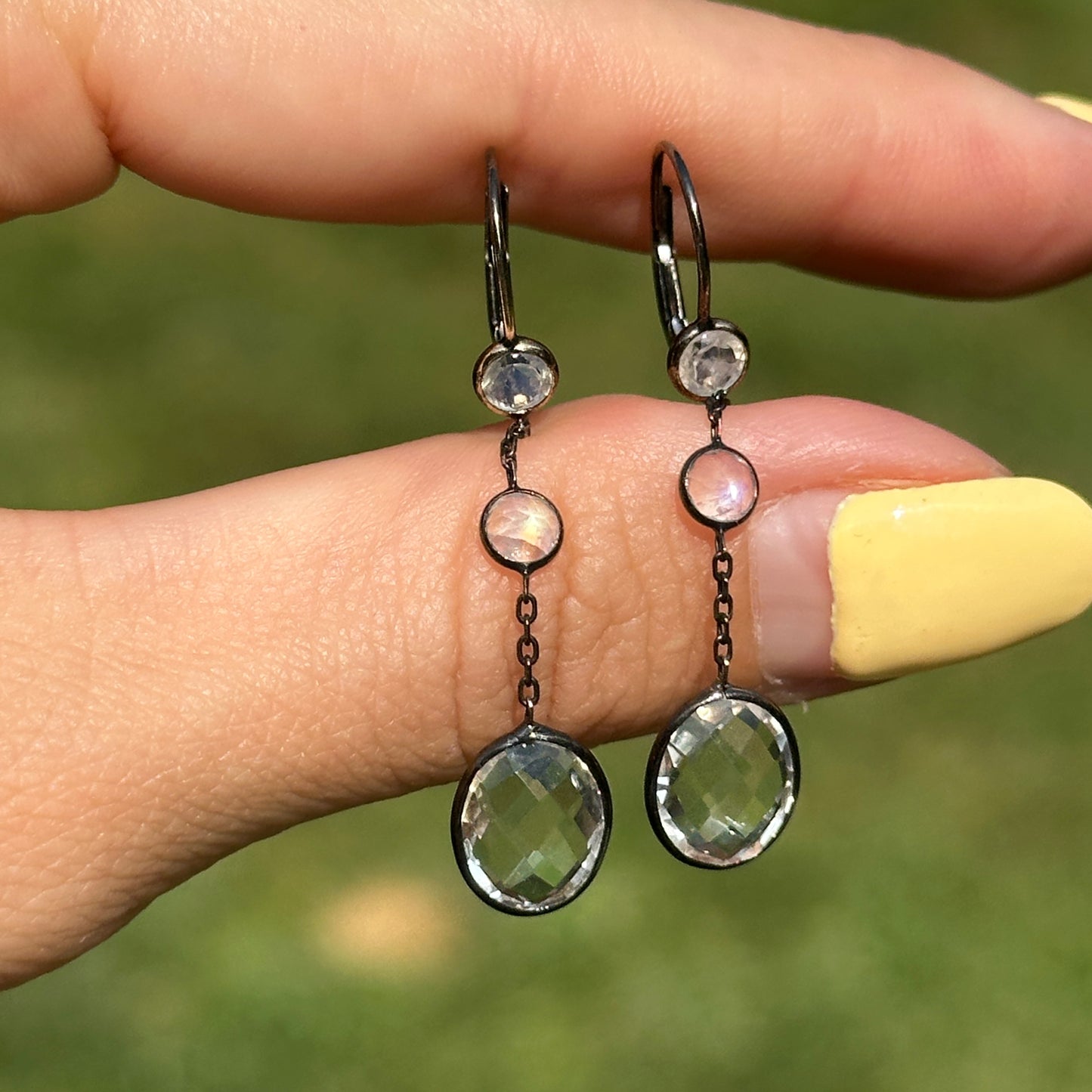 Estate 14KT Yellow Gold + Black Rhodium Crystal + Moonstone Earrings - LSJ