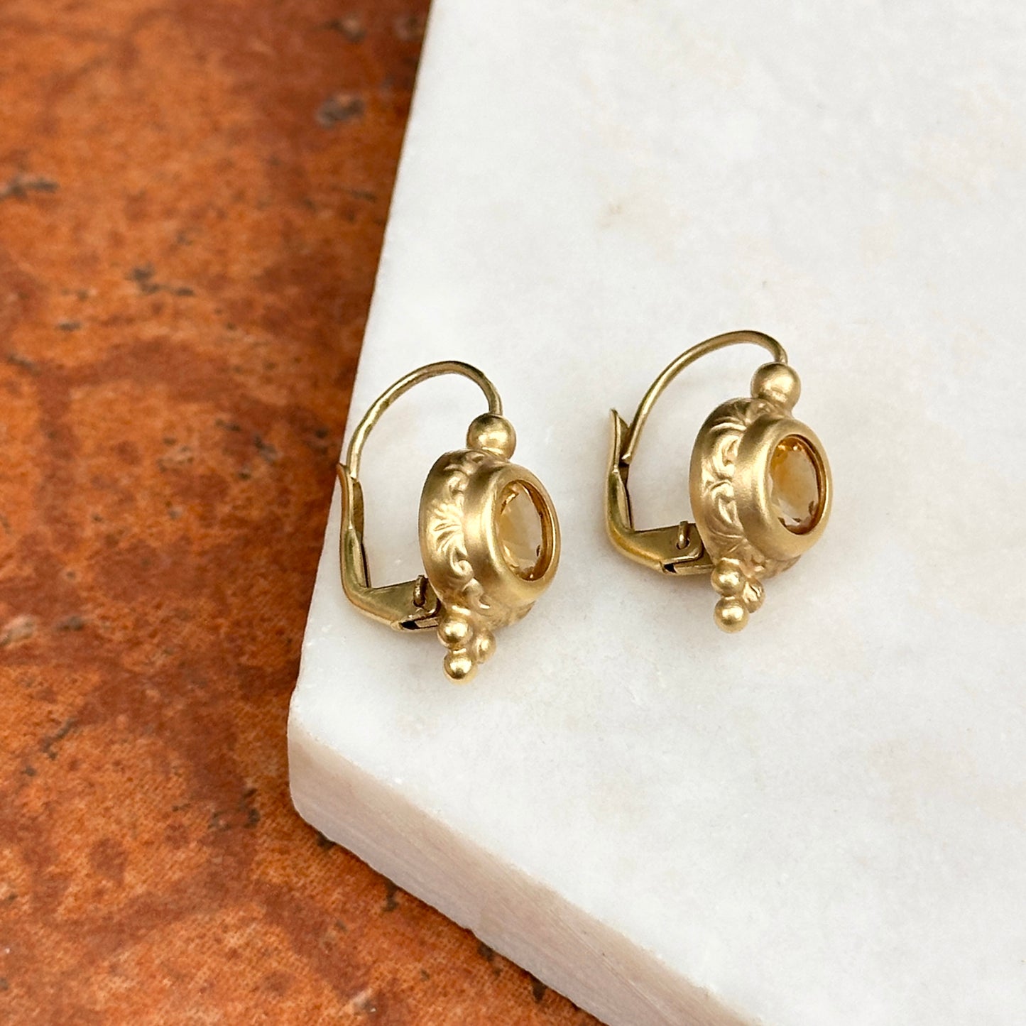 14KT Yellow Gold Round Citrine Lever Back Earrings