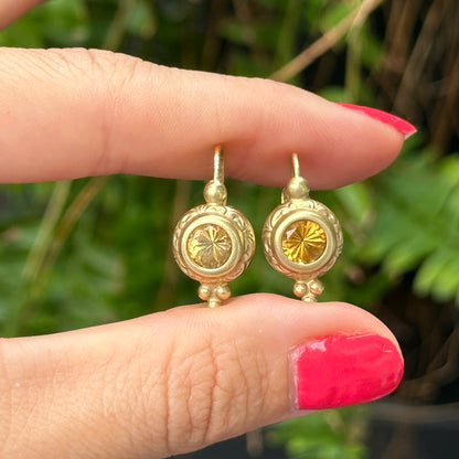 14KT Yellow Gold Round Citrine Lever Back Earrings