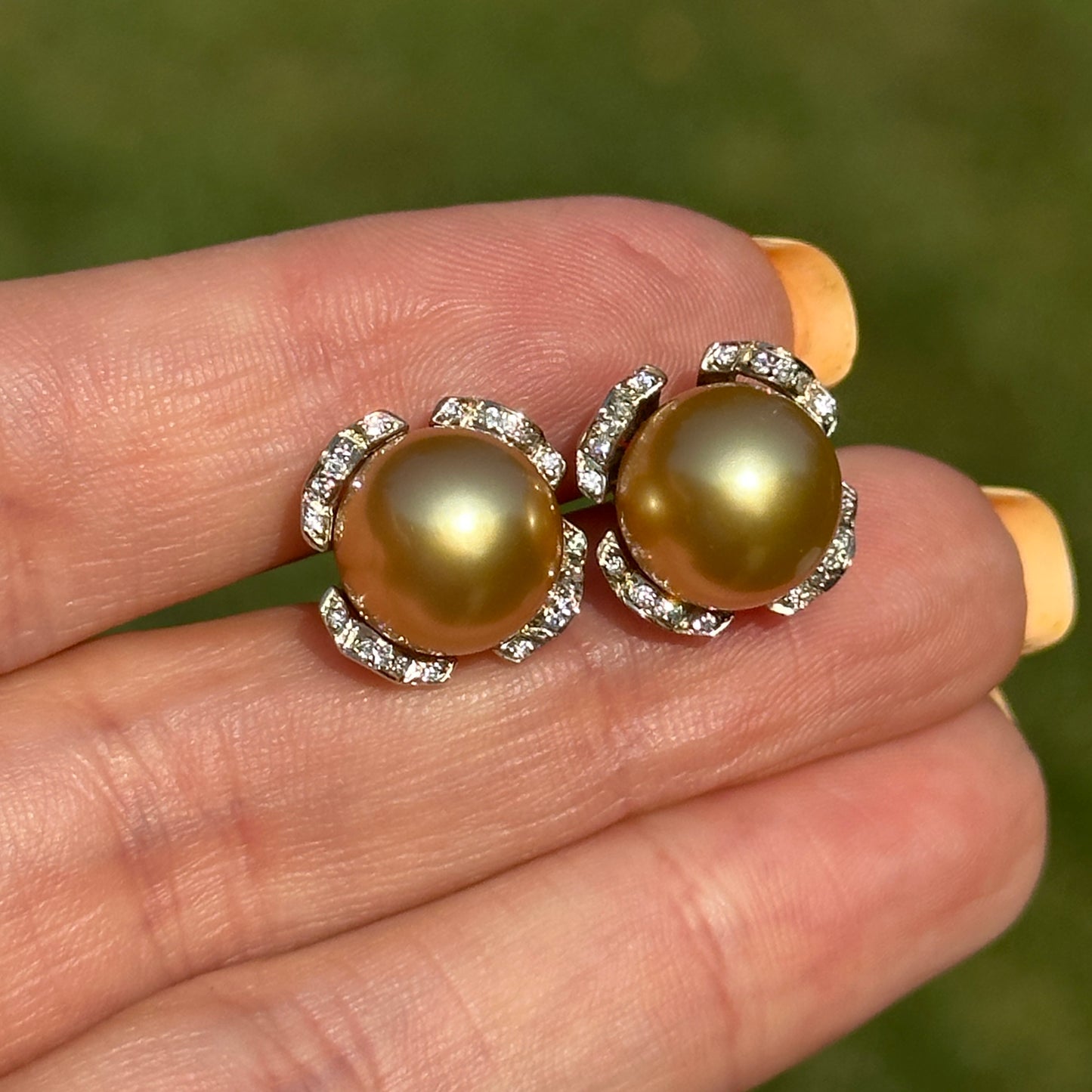 Estate 18KT Yellow Gold Golden Pearl Stud Earrings + Diamond Jackets