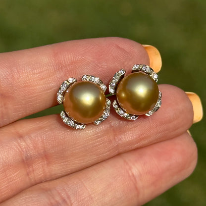 Estate 18KT Yellow Gold Golden Pearl Stud Earrings + Diamond Jackets