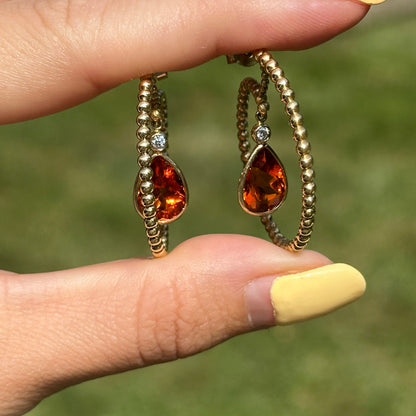 Estate 18KT Yellow Gold Pear Citrine Beaded Hoop Earrings