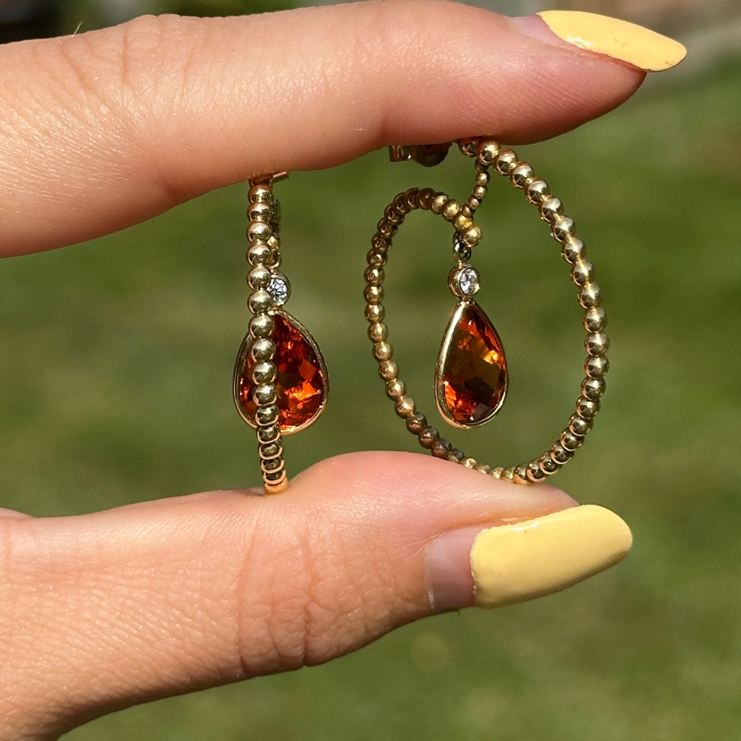 Estate 18KT Yellow Gold Pear Citrine Beaded Hoop Earrings