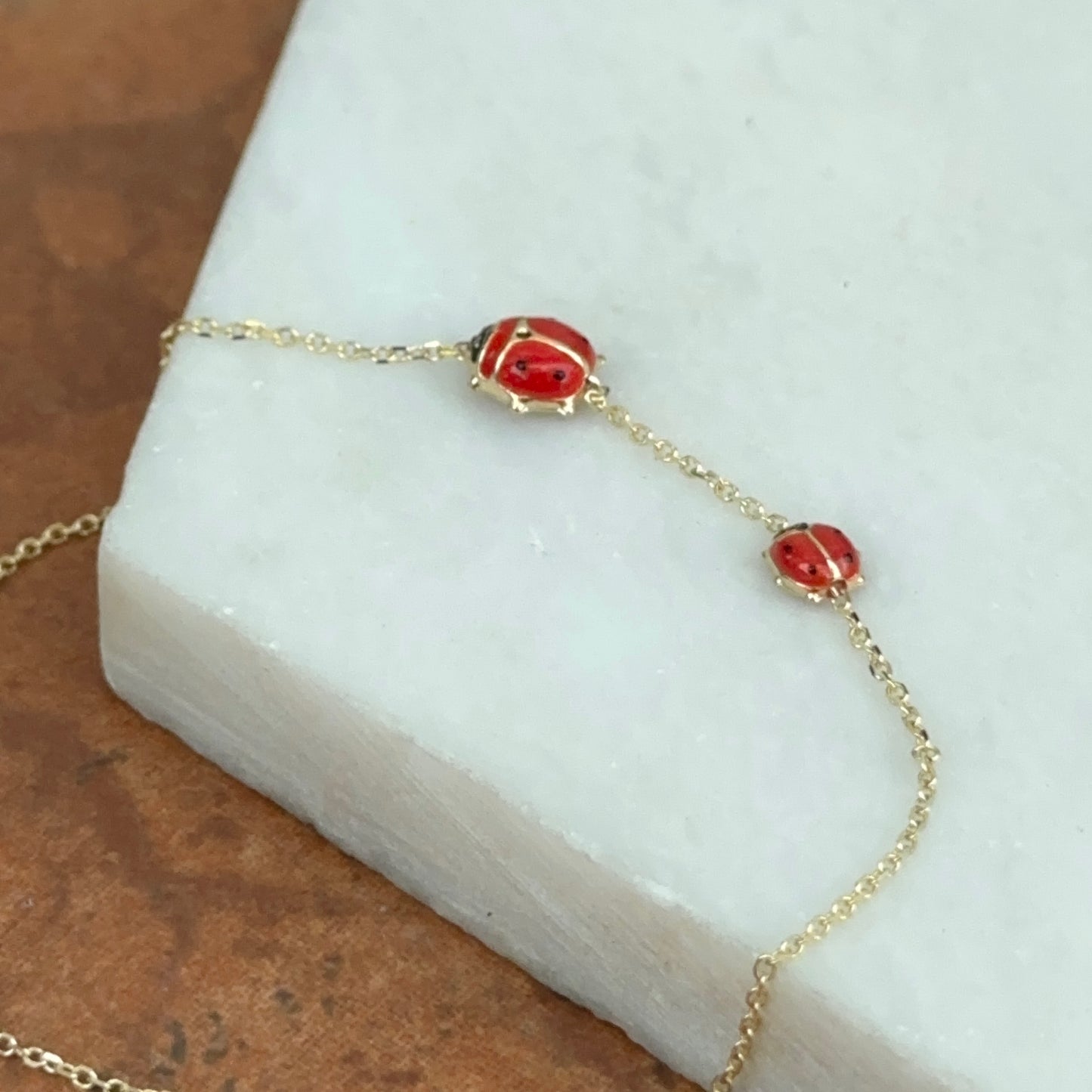 14KT Yellow Gold Red Enamel Double Mini Ladybug Chain Bracelet