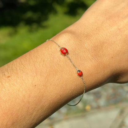 14KT Yellow Gold Red Enamel Double Mini Ladybug Chain Bracelet