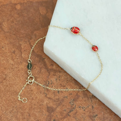 14KT Yellow Gold Red Enamel Double Mini Ladybug Chain Bracelet