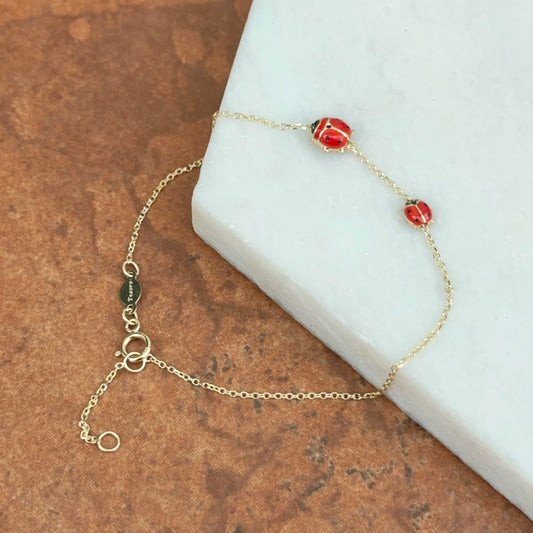 14KT Yellow Gold Red Enamel Double Mini Ladybug Chain Bracelet