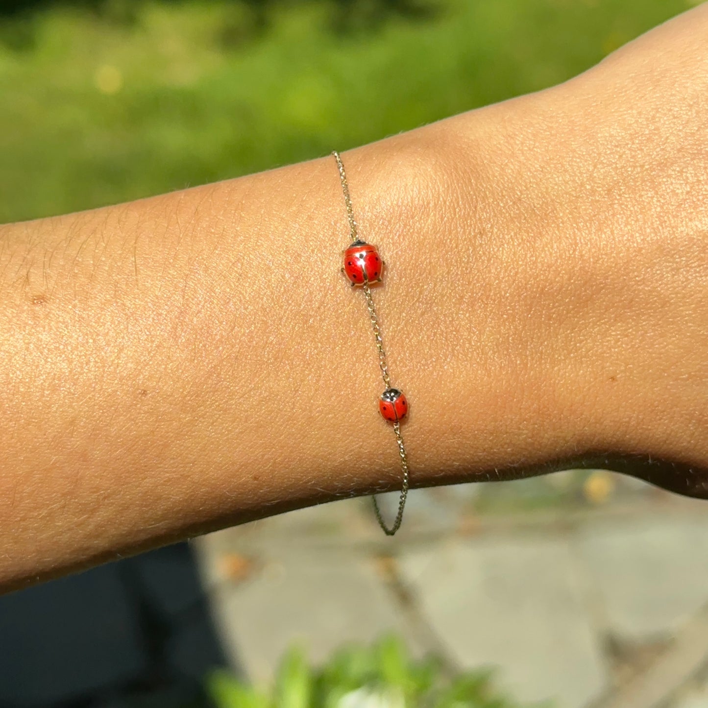 14KT Yellow Gold Red Enamel Double Mini Ladybug Chain Bracelet