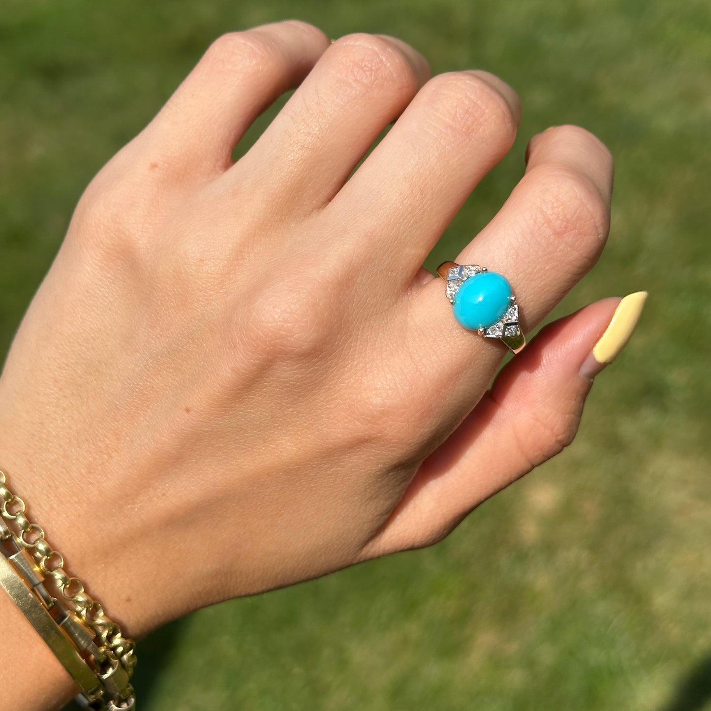 Estate 14KT Yellow Gold Oval Turquoise + Diamond Accent Ring