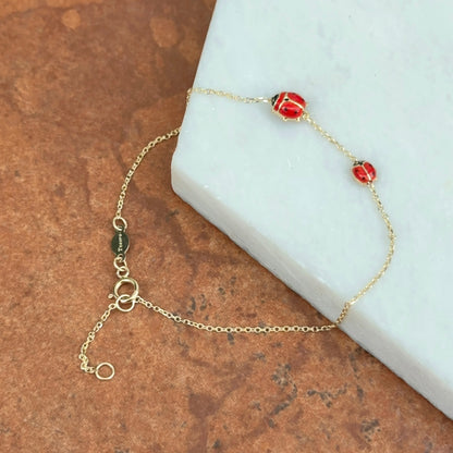 14KT Yellow Gold Red Enamel Double Mini Ladybug Chain Bracelet