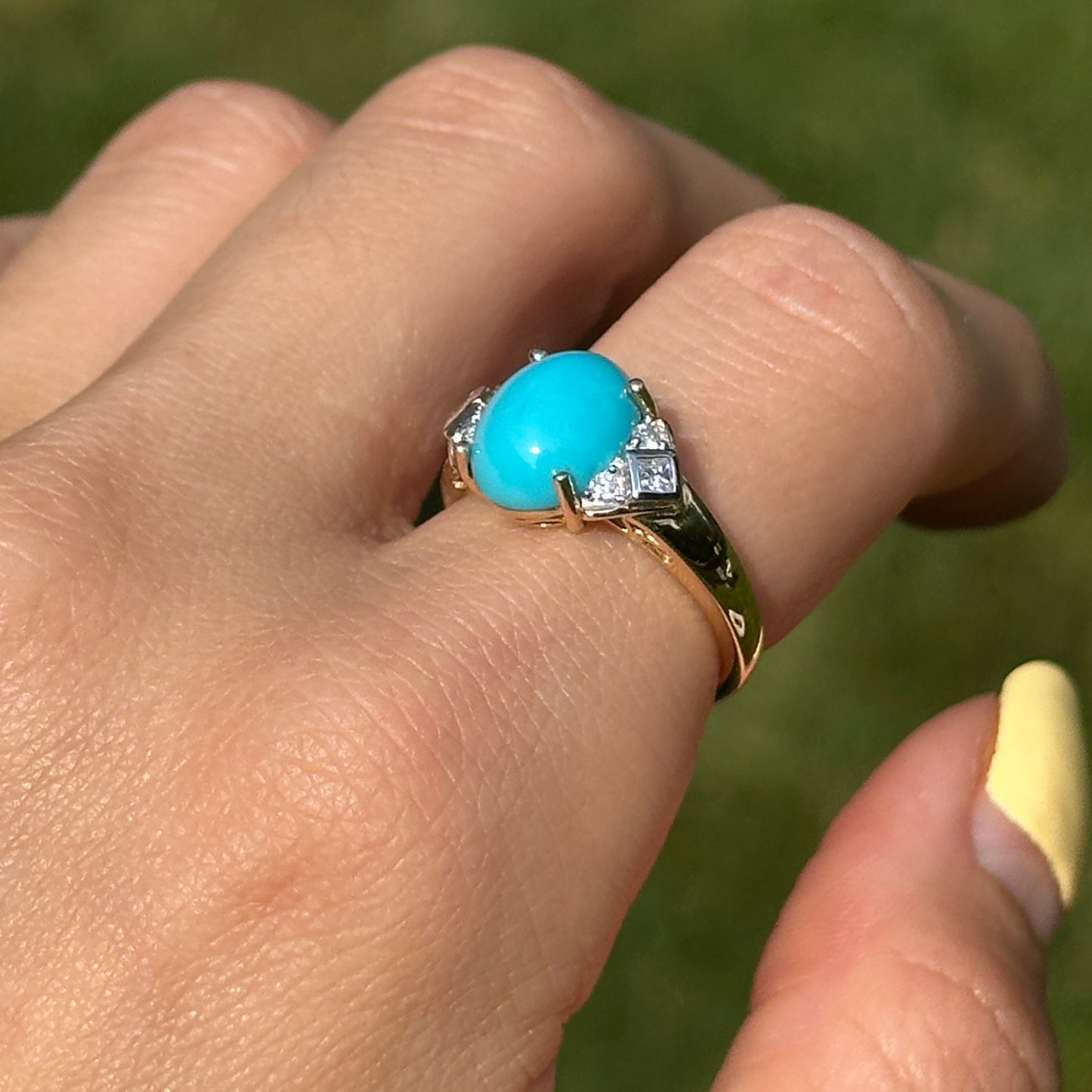 Estate 14KT Yellow Gold Oval Turquoise + Diamond Accent Ring