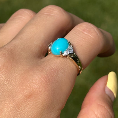 Estate 14KT Yellow Gold Oval Turquoise + Diamond Accent Ring
