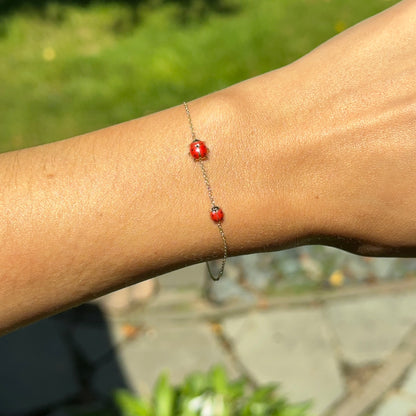 14KT Yellow Gold Red Enamel Double Mini Ladybug Chain Bracelet