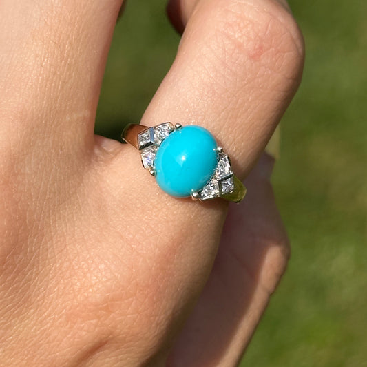Estate 14KT Yellow Gold Oval Turquoise + Diamond Accent Ring