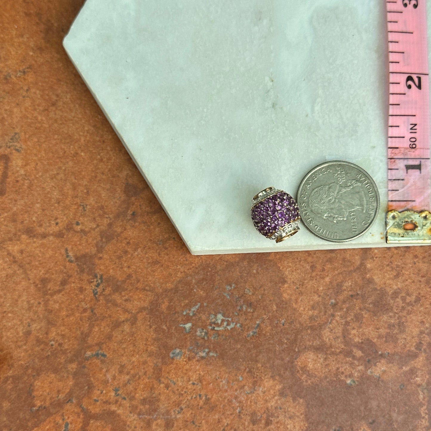 Estate 10KT Yellow Gold Pave Amethyst + Diamond Ball Slide Pendant Charm
