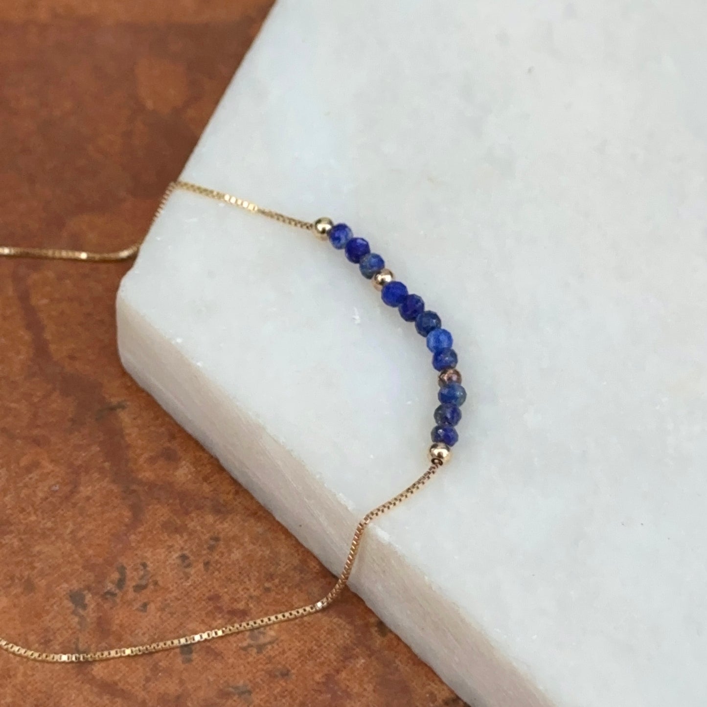 14KT Yellow Gold Blue Lapis Lazuli Round Bead Box Chain Bracelet