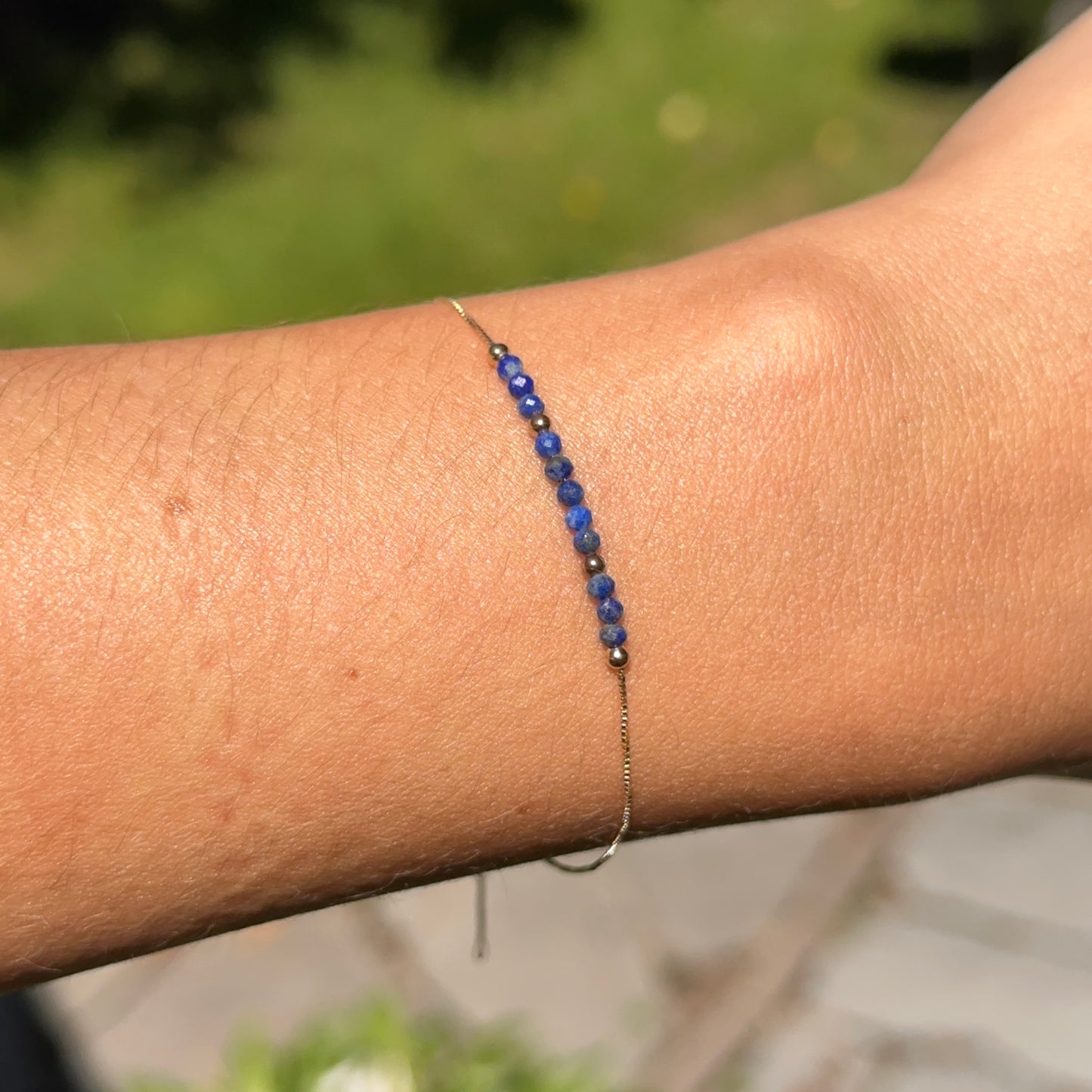 14KT Yellow Gold Blue Lapis Lazuli Round Bead Box Chain Bracelet