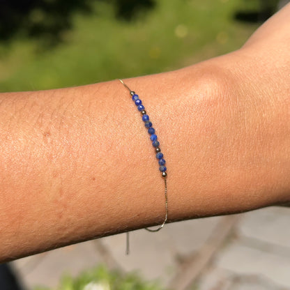 14KT Yellow Gold Blue Lapis Lazuli Round Bead Box Chain Bracelet