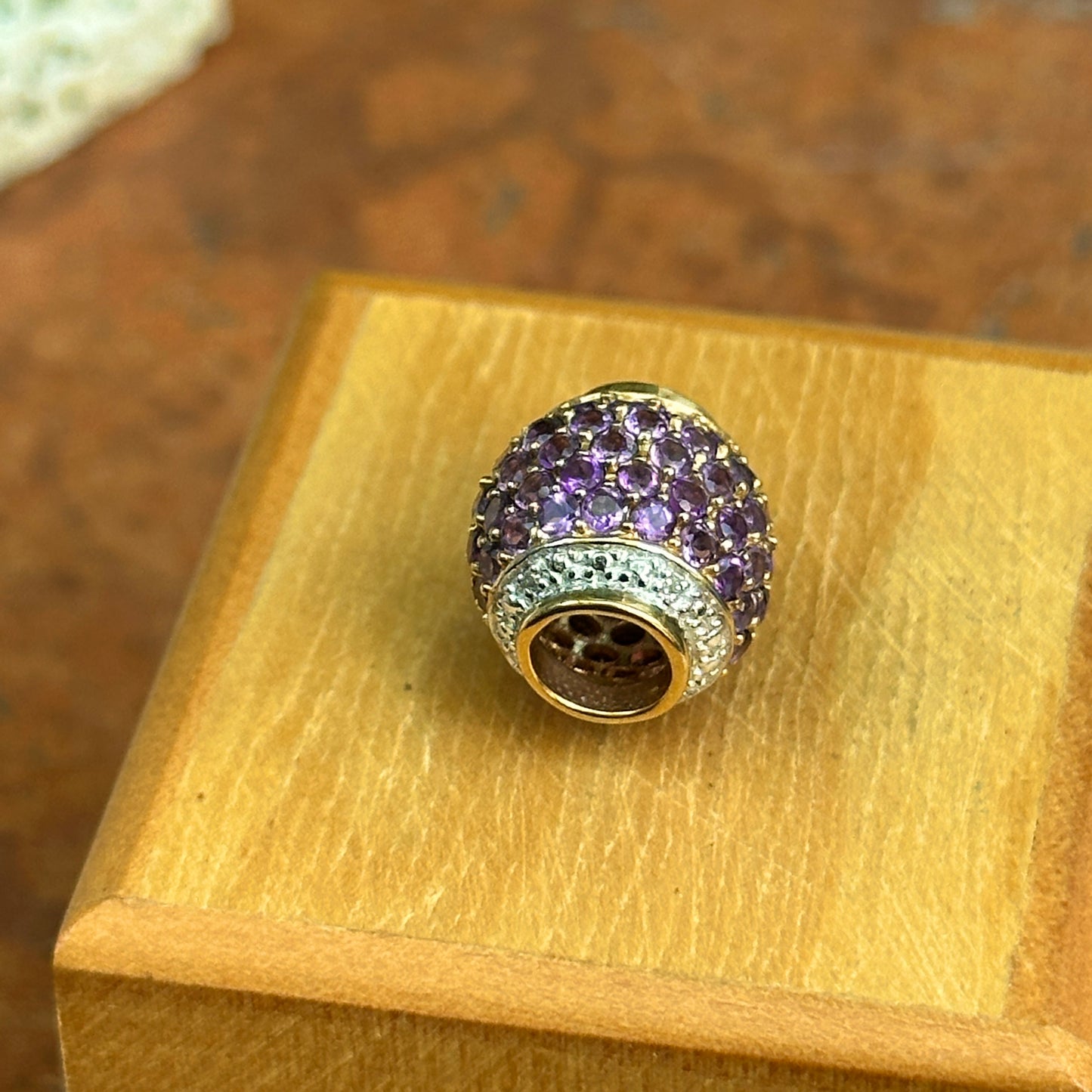 Estate 10KT Yellow Gold Pave Amethyst + Diamond Ball Slide Pendant Charm