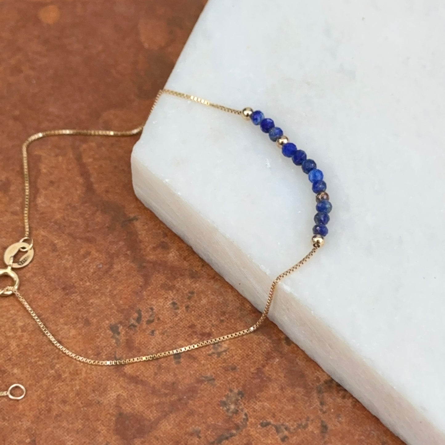 14KT Yellow Gold Blue Lapis Lazuli Round Bead Box Chain Bracelet