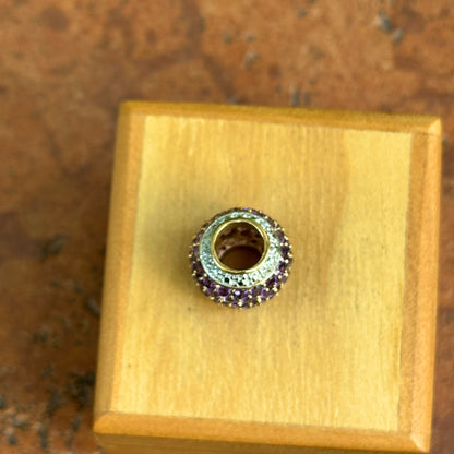 Estate 10KT Yellow Gold Pave Amethyst + Diamond Ball Slide Pendant Charm