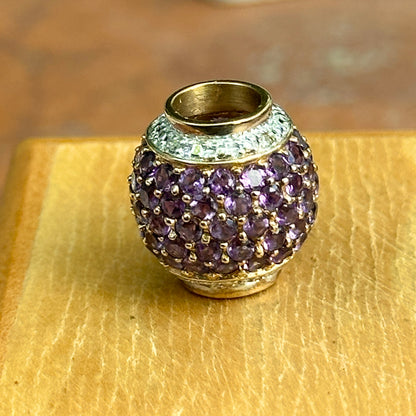 Estate 10KT Yellow Gold Pave Amethyst + Diamond Ball Slide Pendant Charm